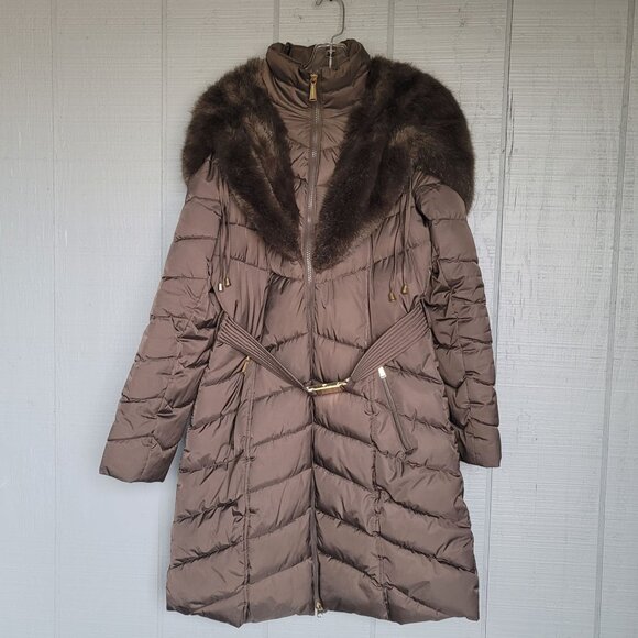 Laundry by Shelli Segal Faux-Fur Trim Hooded Puffer Belted Coat. Size M - Picture 3 of 11